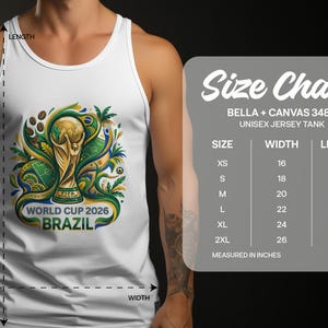 White tank top with "World Cup 2026 Brazil" graphic and size chart.