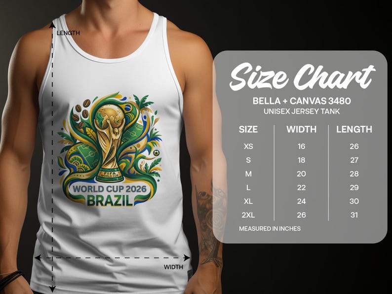 White tank top with "World Cup 2026 Brazil" graphic and size chart.