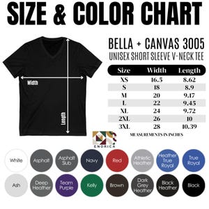 May include: A black unisex short sleeve V-neck tee shirt with a size and colour chart. The chart lists measurements in inches for sizes XS to 3XL. Colour options include white, asphalt, navy, red, and black.