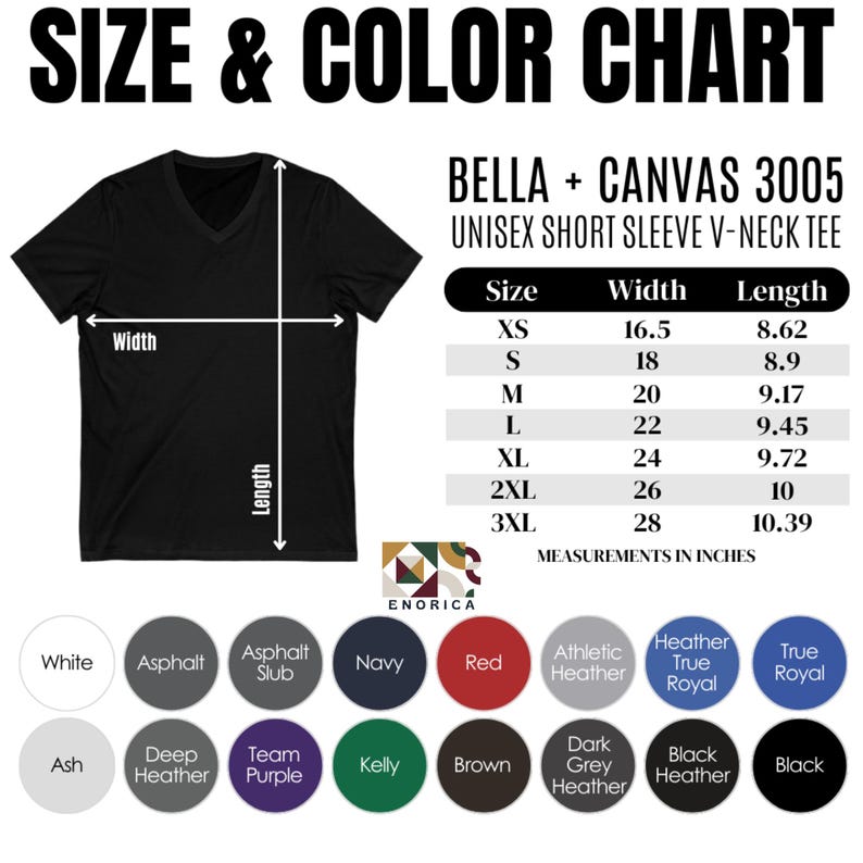 May include: A black unisex short sleeve V-neck tee shirt with a size and colour chart. The chart lists measurements in inches for sizes XS to 3XL. Colour options include white, asphalt, navy, red, and black.