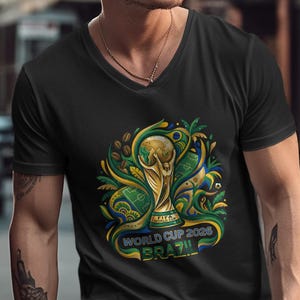 Black v-neck t-shirt with FIFA World Cup 2026 Brazil trophy graphic.