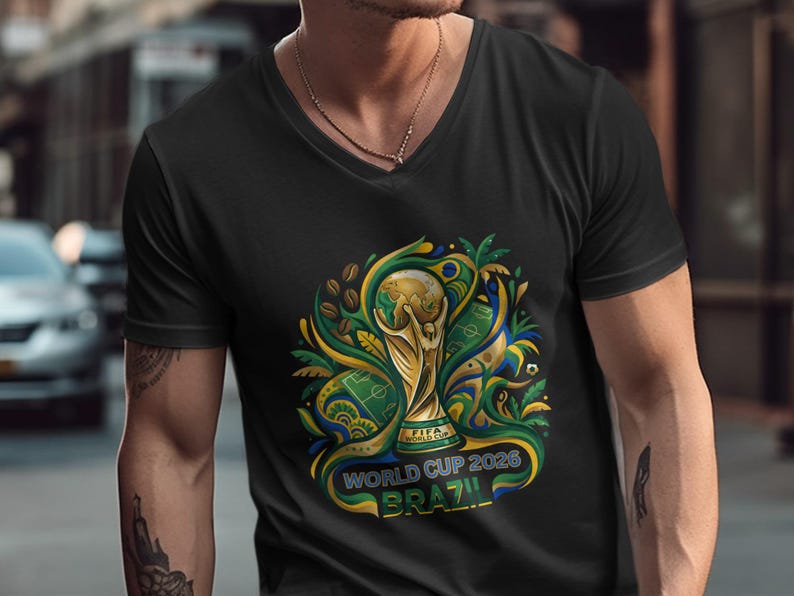 Black v-neck t-shirt with FIFA World Cup 2026 Brazil trophy graphic.