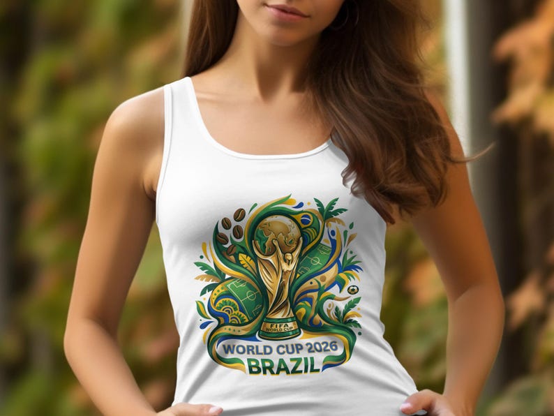 Tank top with FIFA World Cup 2026 Brazil trophy design.