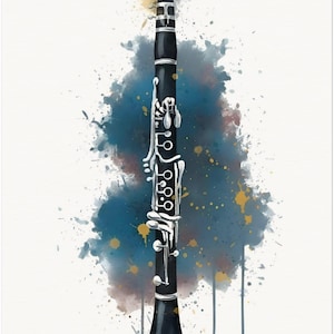 May include: A watercolour illustration of a black clarinet with silver keys. The musical instrument is set against a backdrop of blue, gold, and brown paint splatters. The clarinet is a woodwind instrument, creating a visually striking effect.