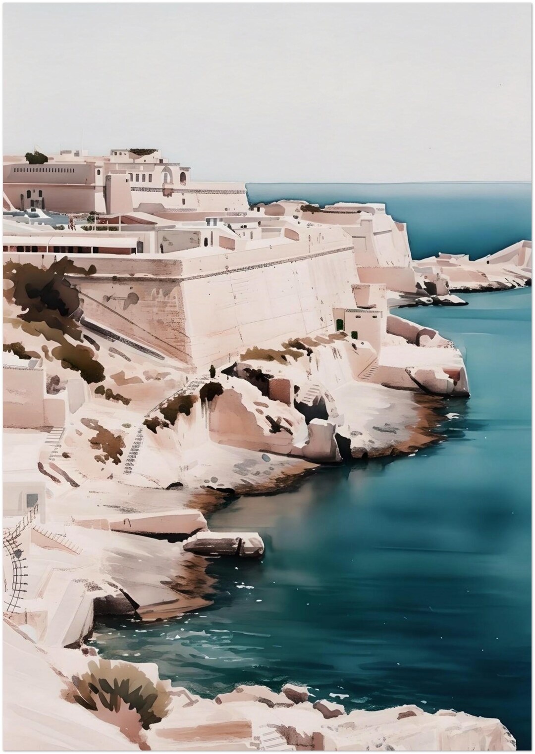 Mediterranean Coastal Village Art Print - Turquoise Sea Cliffside Wall ...