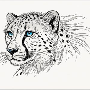 May include: A black and white illustration of a cheetah's head with striking blue eyes. The artwork features detailed linework and black spots, with flowing lines suggesting movement. The cheetah's gaze is focused, conveying a sense of alertness.