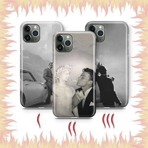 May include: Three phone cases with black and white images. One case features a man leaning on a car, another shows a statue and a man smoking, and the third depicts a man smoking. The cases are surrounded by a decorative border.