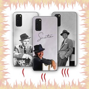 May include: Three rectangular phone cases featuring black and white portraits of Frank Sinatra. The center case displays the name Sinatra in script. Each case has a camera cutout in the upper left corner. The background is white with red flames.