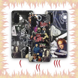 May include: Three phone cases featuring a collage design with the band Korn. The cases display black and white images of the band members, album art, and the band's logo. One case has the text "FREAK MUST BE LEASH EL TIM".