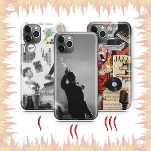 May include: Three smartphone cases featuring musical themes. The left case displays a collage with Frank Sinatra, cityscapes, and text. The center case shows a silhouette of a performer. The right case features a colorful jazz-themed collage.