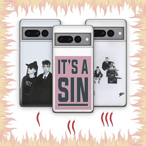 May include: Three white phone cases with black and white graphics. One case features the text "IT'S A SIN" in pink and black. The other two cases have images of people. Red chilli peppers and flames are in the background.