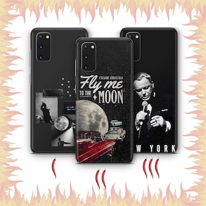 May include: Three black phone cases with unique designs. One features a Frank Sinatra image, another has a moon and vintage car graphic with "Fly Me to the Moon" text, and the third has a black and white image. Red chili pepper graphics are at the bottom.
