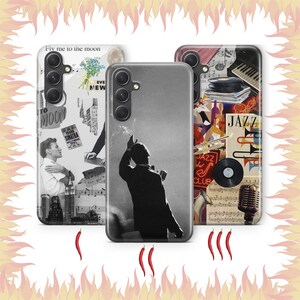 May include: Three smartphone cases featuring musical themes. The left case shows a collage with Frank Sinatra, sheet music, and the text Fly me to the moon. The center case depicts a silhouette of a person smoking. The right case displays a jazz collage with a piano, records, a trumpet, and a microphone.