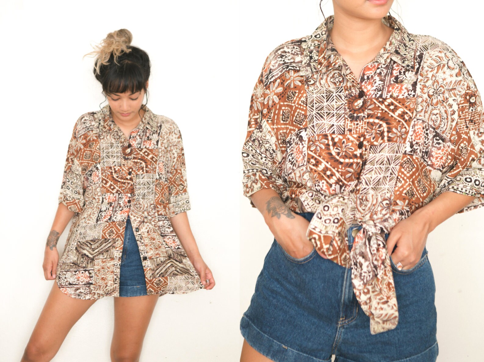 Tribal Print Button Up Blouse Brown Batik Button Up Shirt Etsy