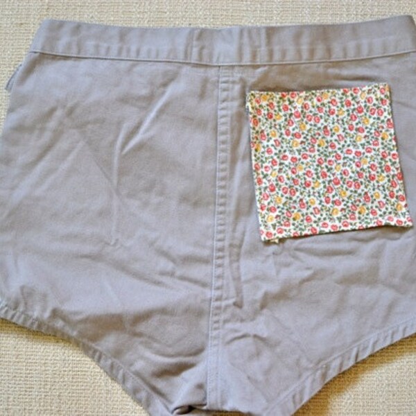 khaki high waisted shorts with floral pocket