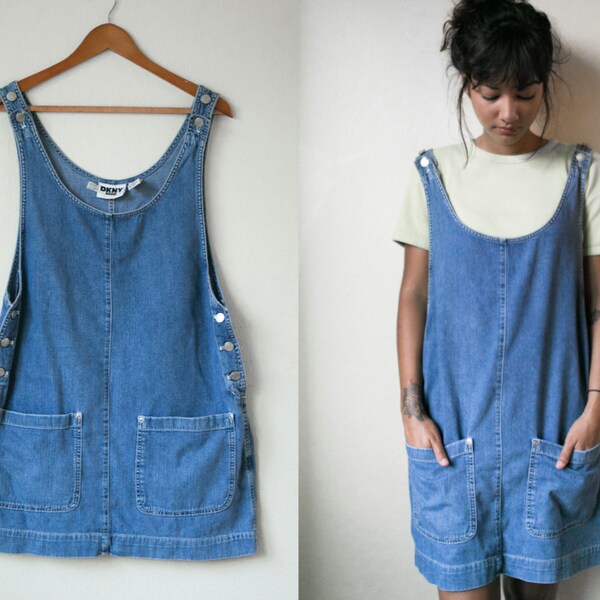 VTG DKNY Denim Jumper Dress / Denim mini Dress / Sleeveless Tunic Overall Dress / 90s Grunge Overalls Jumper / Short Dress / Small Bib Dress