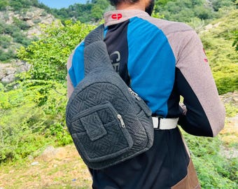 Hemp cotton men women crossbody sling backpack one shoulder strap tracking bag casual trip daypack weekend trip bag lightweight picnic bag