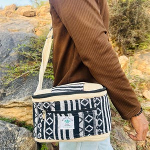 Mochila para almuerzo de cáñamo y algodón, fiambrera de cáñamo, bolsa térmica para almuerzo de cáñamo, bolsa ligera para viaje, bolsa para almuerzo de uso diario Beige Black