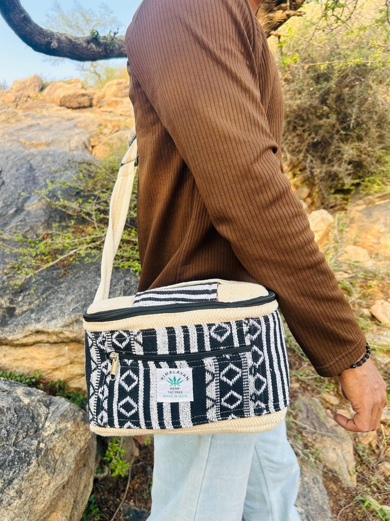Mochila para almuerzo de cáñamo y algodón, fiambrera de cáñamo, bolsa térmica para almuerzo de cáñamo, bolsa ligera para viaje, bolsa para almuerzo de uso diario Beige Black