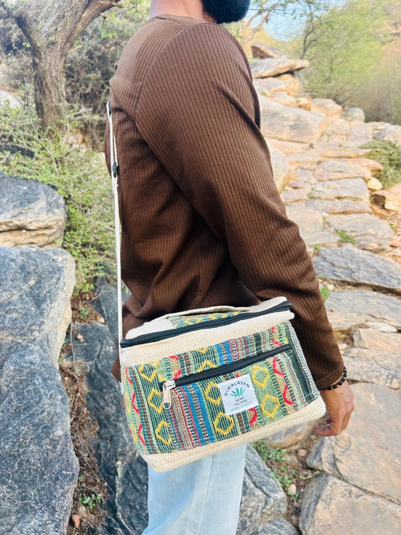 Mochila para almuerzo de cáñamo y algodón, fiambrera de cáñamo, bolsa térmica para almuerzo de cáñamo, bolsa ligera para viaje, bolsa para almuerzo de uso diario Beige Green