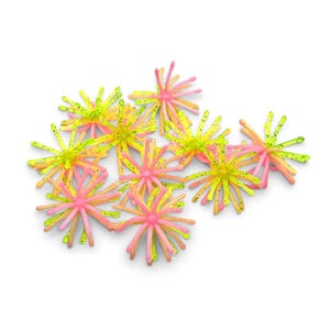 May include: A collection of small, star-shaped fishing lures featuring a multi-legged design. Each lure is crafted from a flexible material in vibrant neon pink and bright lime green colors, with some pieces showing small dark speckles.