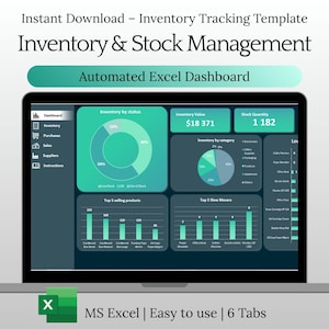 Puede incluir: Una pantalla de portátil muestra un panel de control de gestión de inventario y stock. La pantalla muestra gráficos y diagramas con visualizaciones de datos. El texto en la pantalla incluye "Inventory & Stock Management" y "Automated Excel Dashboard." El icono de MS Excel es visible en la parte inferior.