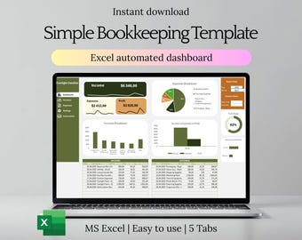 May include: A laptop screen displays a simple bookkeeping template with an Excel automated dashboard. The screen shows income, expenses, and profit data, along with charts and graphs. The text on the screen includes "Simple Bookkeeping Template" and "Excel automated dashboard."