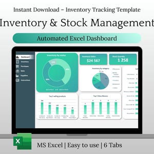 Puede incluir: Una pantalla de portátil muestra un panel de control de gestión de inventario y stock. La interfaz presenta gráficos que muestran el estado del inventario, el valor y la cantidad. El texto en la pantalla dice "Inventory & Stock Management" y "Automated Excel Dashboard."