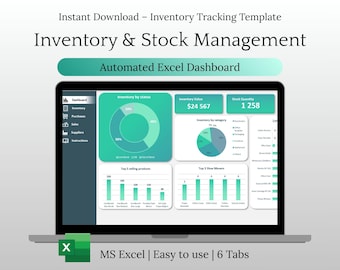 May include: A laptop screen shows an inventory and stock management dashboard with charts and graphs. The interface displays inventory status, value, and quantity data. The screen text includes "Inventory & Stock Management" and "Automated Excel Dashboard."