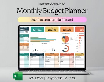 Puede incluir: Una computadora portátil que muestra un planificador de presupuesto mensual en Excel. La pantalla muestra datos financieros, gráficos y tablas que detallan los ingresos, gastos y ahorros. El texto en la parte superior dice "Monthly Budget Planner" y "Excel automated dashboard."