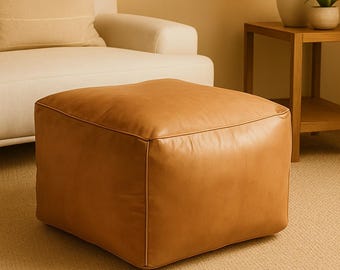 Handmade Moroccan Leather Pouf Ottoman,Square Footstool,Tan Leather Ottoman,Modern Boho Floor Seating,Unstuffed Pouf Cover