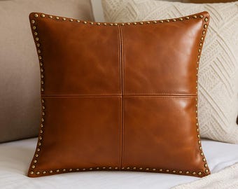 Handcrafted Brown Leather Pillow Cover with Studded Trim – Full Grain Cushion Case, Rustic Industrial Throw Pillow, Gothic Luxe Home Décor