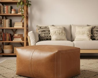 Tan Leather Ottoman Pouf,Light Brown Moroccan Floor Cushion,Scandinavian Leather Footstool,Modern Boho Accent,Handmade Pouffe