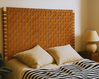 Minimalist Woven Leather Headboard,Handmade Modern Wall-Mounted Bed Panel,Custom Luxury Leather Bed Accent,Premium Handwoven Leather Fabric