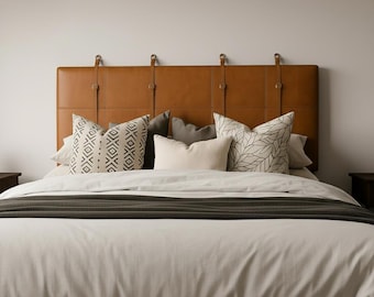 Premium Leather Hanging Headboard, Custom King Bed, Woven Leather Wall Mount, Rustic Modern Bedroom Decor,Handmade Headboard