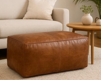 Handcrafted Brown Leather Floor Pouf Ottoman – Moroccan Rectangular Unstuffed Bench Seat – Large Leather Coffee Table Cushion