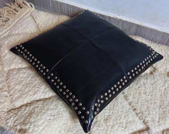Handmade Black Leather Pillow Cover with Studded Trim – Full Grain Cushion Case, Rustic Industrial Throw Pillow, Gothic Luxe Home Décor