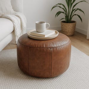 Handmade Moroccan Leather Pouf Ottoman – Round Tan Pouffe, Boho Living Room Decor, Rustic Leather Footstool, Floor Cushion, Unstuffed Pouf