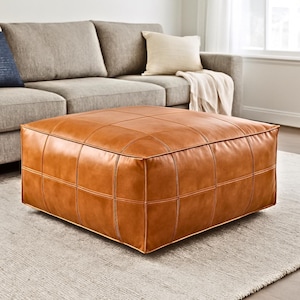 Square Brown Leather Pouf Ottoman Handmade in Morocco - Modern Marrakech Floor Cushion - Boho Footstool Seat Decor - Made to Order Pouffe