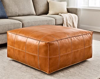 Square Brown Leather Pouf Ottoman Handmade in Morocco - Modern Marrakech Floor Cushion - Boho Footstool Seat Decor - Made to Order Pouffe