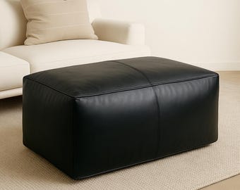 Amazing Rectangular Black Moroccan Leather Pouf, Handmade Long Ottoman Leather Pouf, Unstuffed Pouf Cover