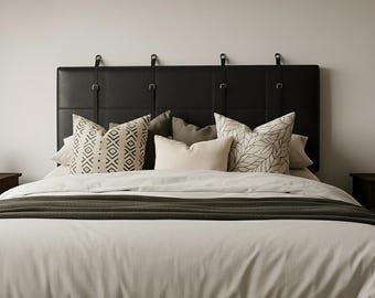 Stylish Black Leather Hanging Headboard, Custom King Bed, Woven Leather Wall Mount, Rustic Modern Bedroom Decor,Handmade Headboard