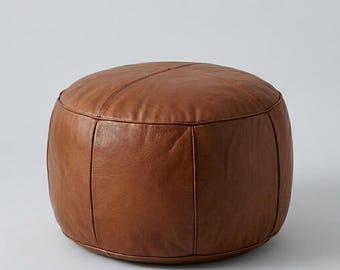 Handmade Moroccan Leather Pouf, Round Brown Ottoman, Genuine Leather Footstool, Boho Floor Cushion, Artisan Living Room Decor, Unique Gift