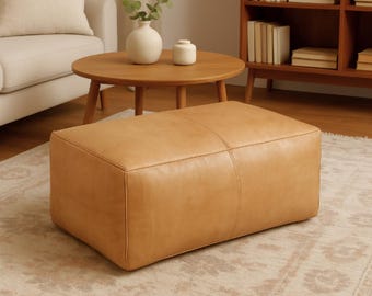 Rectangular Leather Ottoman Pouf,Brown Unstuffed Leather Floor Cushion Bench - Large Coffee Table Pouffe for Living Room