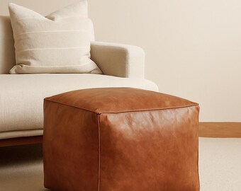 Handmade Moroccan Leather Pouf Ottoman,Square Footstool,Dark Brown Leather Ottoman,Boho Floor Seating,Unstuffed Pouf
