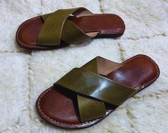 Handmade Moroccan Leather Sandals for Women - Criss Cross Strap Summer Flats - Genuine Cowhide Slip On Shoes - Boho Artisan Footwear