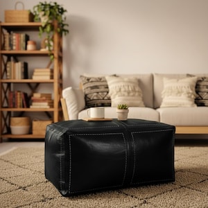 Black Leather Ottoman Pouf,Rectangular Moroccan Floor Cushion,XL Square Leather Footstool,Modern Boho Home Decor,Handmade Pouffe,Unstuffed