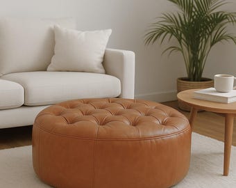 Handmade Tufted Round Leather Ottoman Pouf – Large Brown Moroccan Pouf for Living Room Seating, Coffee Table or Footstool (Unstuffed)