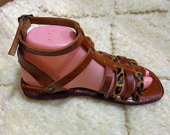 Handmade Moroccan Leather Sandals for Women - Brown Gladiator Flat Sandals with Printed Strap - Adjustable Boho Summer Shoes