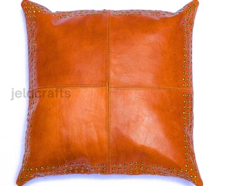 Elegant Brown Leather Pillow Cover with Studded Trim – Full Grain Cushion Case, Rustic Industrial Throw Pillow, Gothic Luxe Home Décor